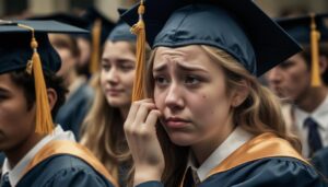 Emotional graduate in a gown, crying as she faces the daunting job hunting journey after graduation and compiling a graduate cv