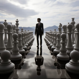 Person in a suit poised for career success standing among giant chess pieces with mountains in the background.