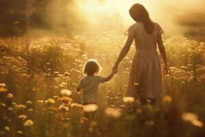 Mother's Day A woman and a child walk hand in hand through a sunlit field of wildflowers. The warm golden light creates a serene and nostalgic atmosphere.