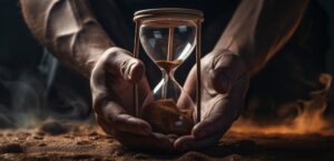 Using your time in 2025. Hands gently cradle a glass hourglass, filled with flowing sand against a smoky, dimly lit background. The scene conveys a sense of time and urgency.
