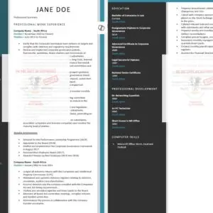 CV of Jane Doe listing personal details, professional experience, education, key competencies, professional development, and computer skills.