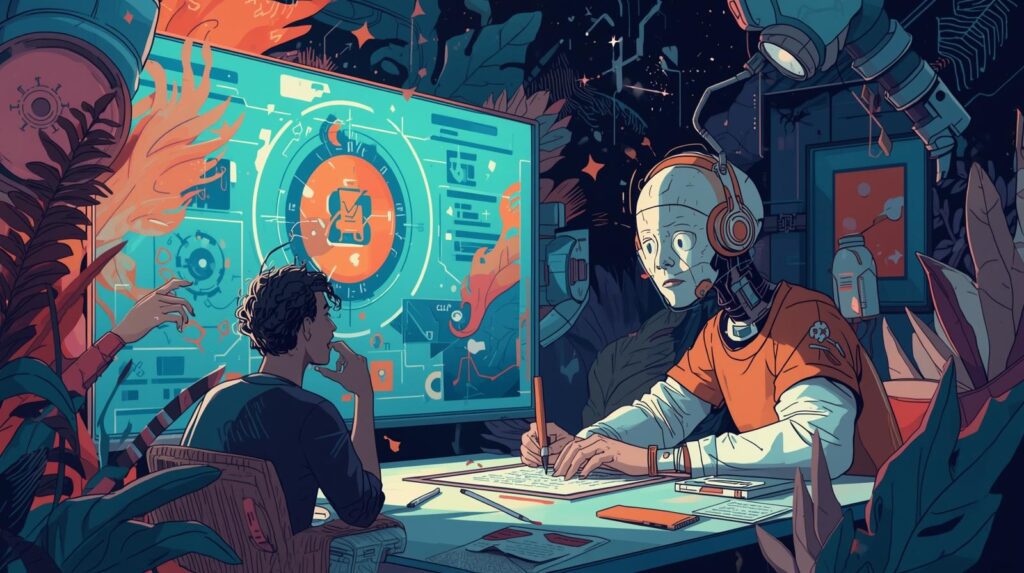 Two figures, a human and an android